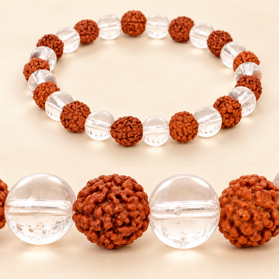 Natural Clear Quartz + Rudraksh Bracelet – 8mm — studio product view