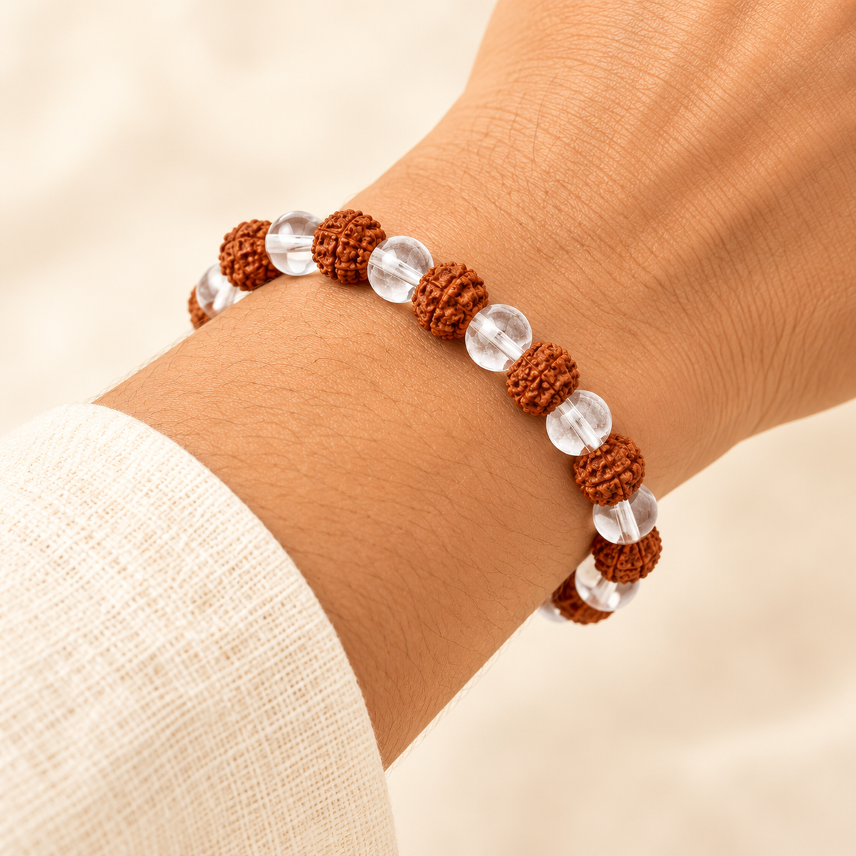 Natural Clear Quartz + Rudraksh Bracelet – 8mm — illustrative styling view