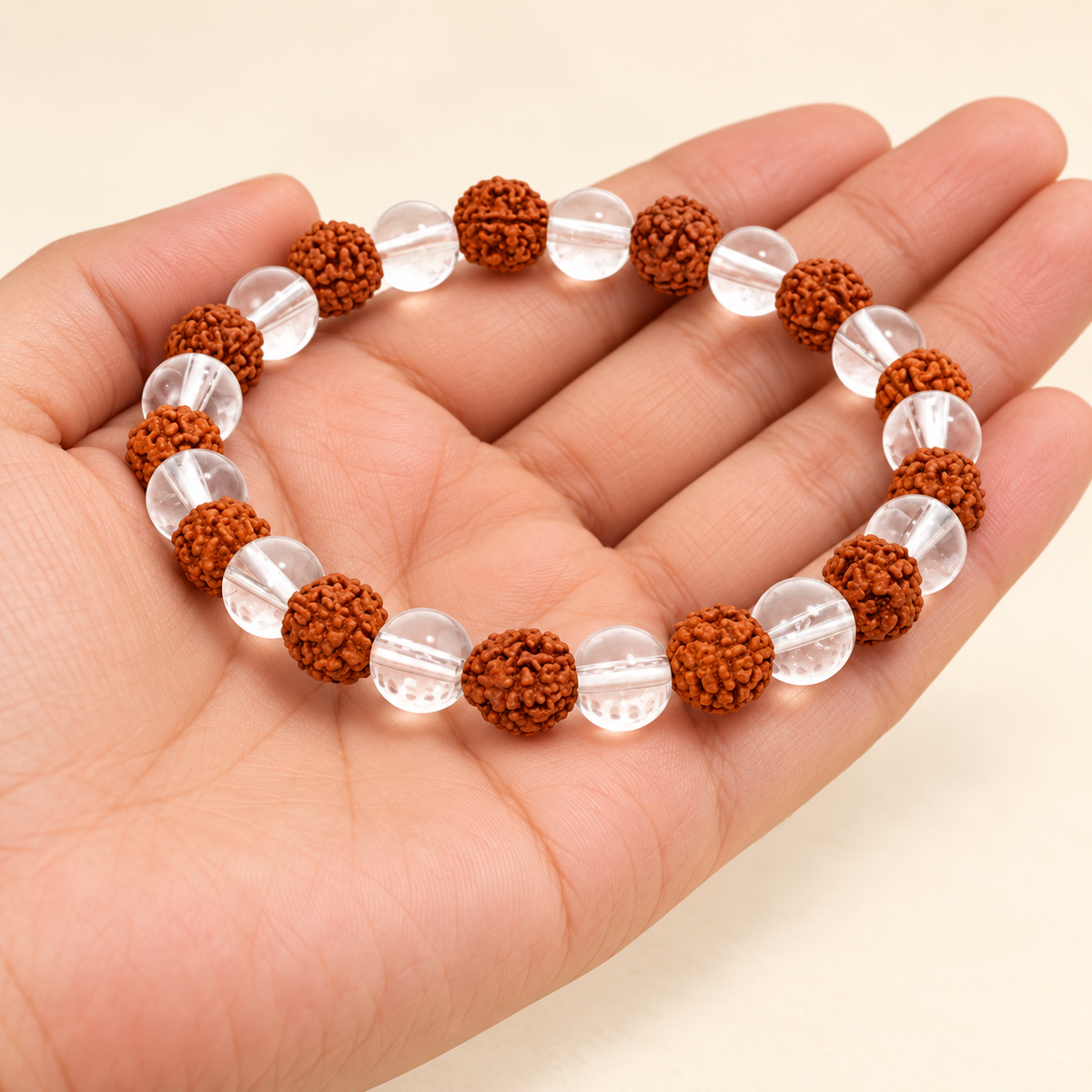 Natural Clear Quartz + Rudraksh Bracelet – 8mm — illustrative styling view