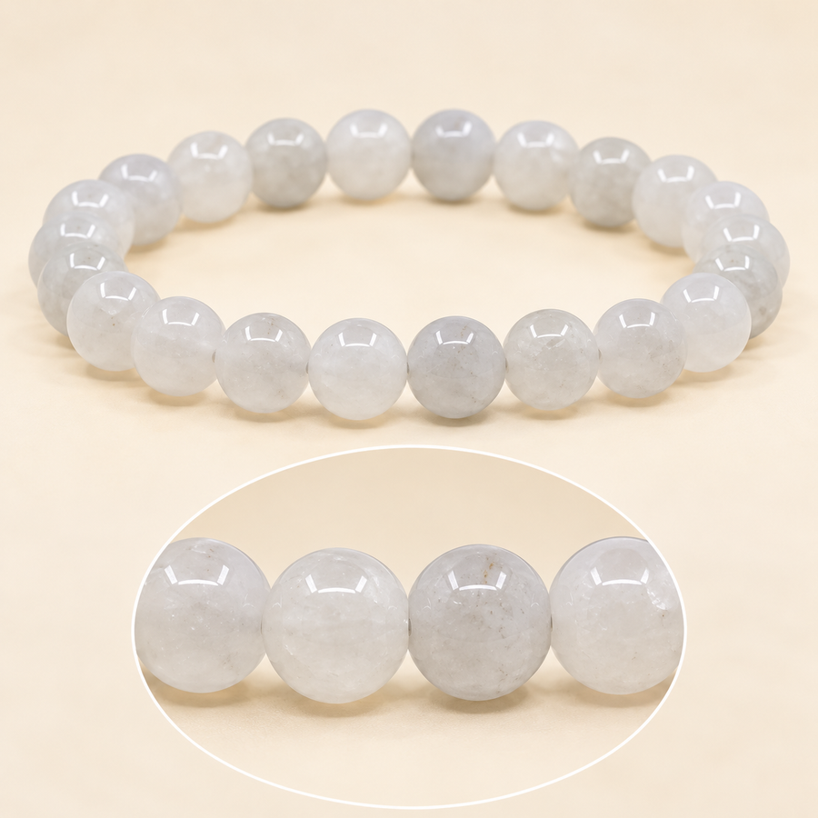 White Quartz Agate Bracelet – 8mm Natural Gemstone Jewellery — studio product view
