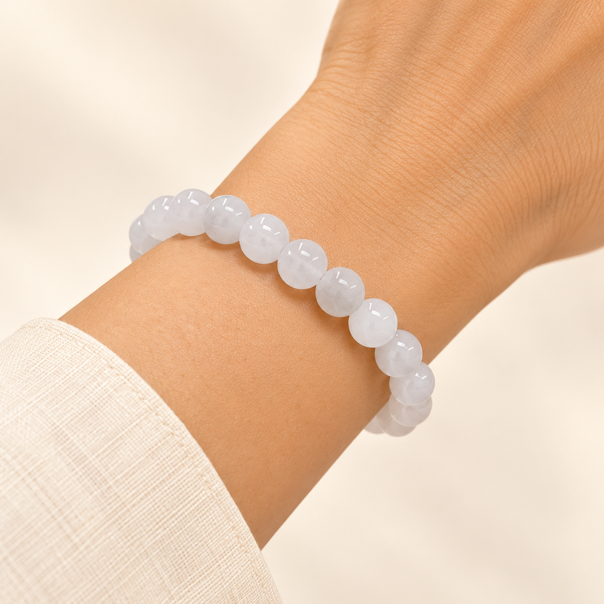 White Quartz Agate Bracelet – 8mm Natural Gemstone Jewellery — illustrative styling view