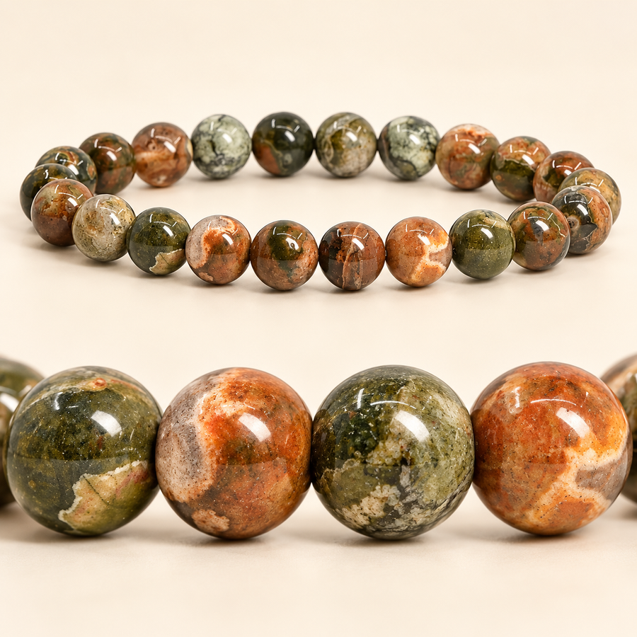 Natural Rhyolite Jasper Bracelet – 8mm Gemstone Jewellery — studio view