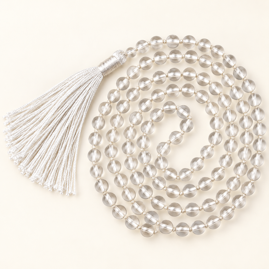Clear Quartz (Spatik) 108-Bead Necklace – Natural Gemstone Bead Necklace — studio view