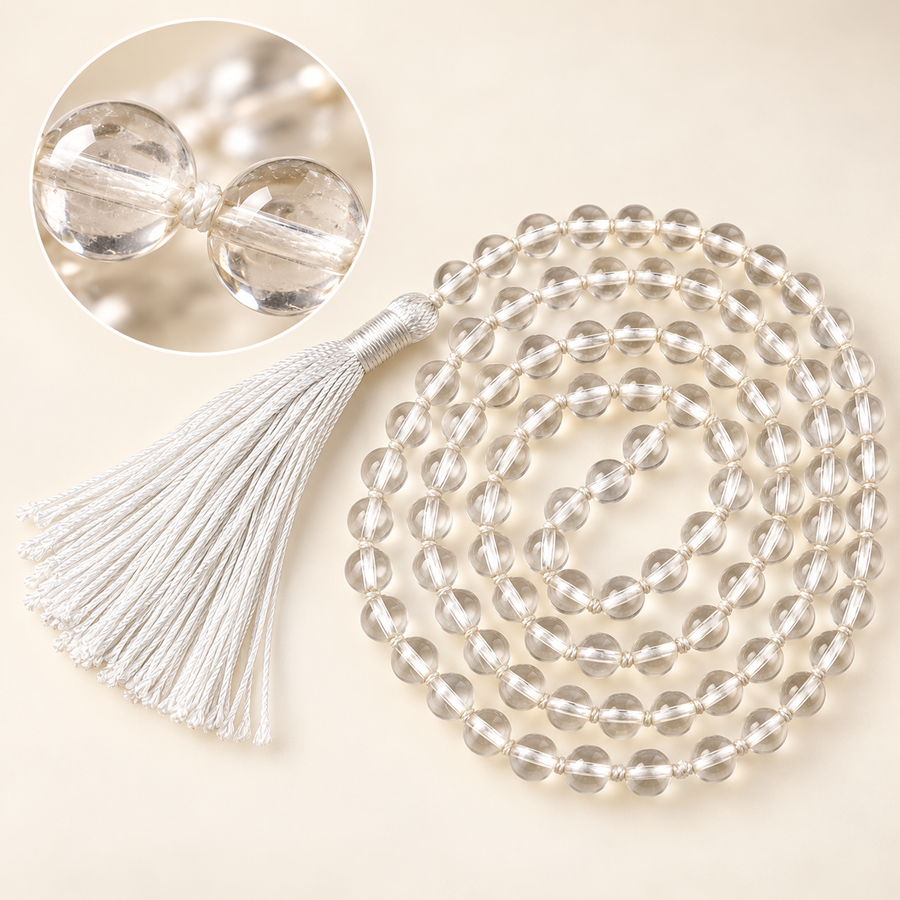 Clear Quartz (Spatik) 108-Bead Necklace – Natural Gemstone Bead Necklace — studio view