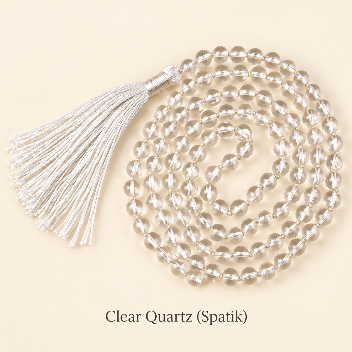Clear Quartz (Spatik) 108-Bead Necklace – Natural Gemstone Bead Necklace — studio view