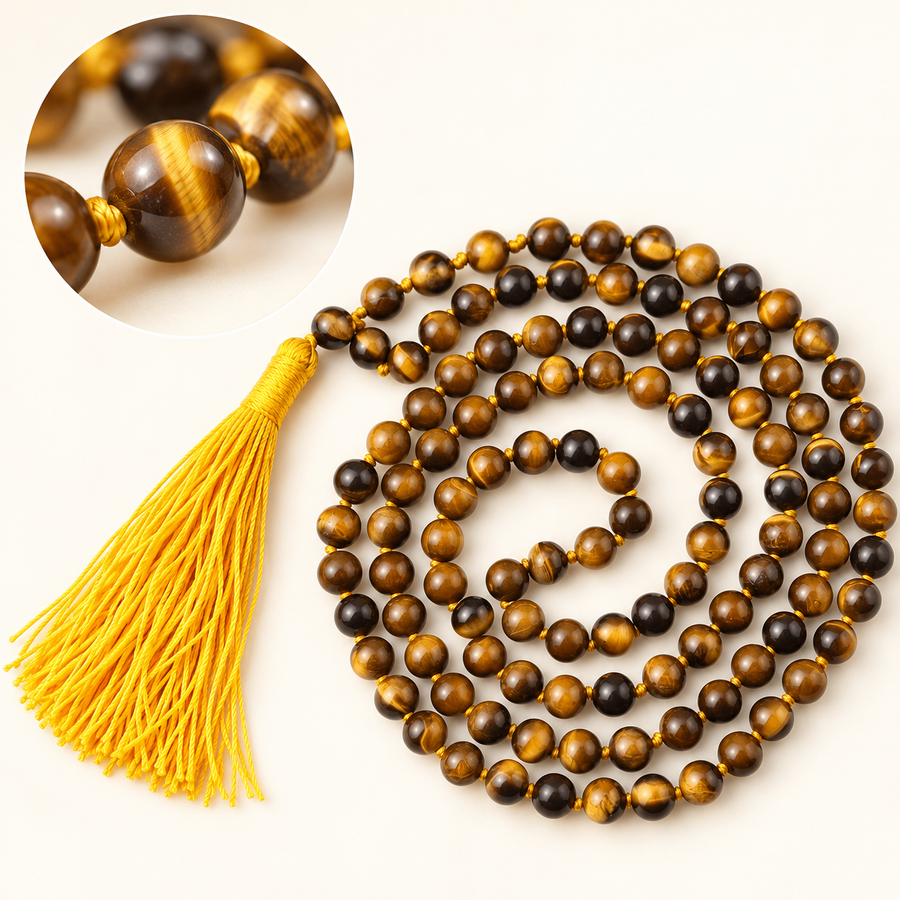 Tiger Eye Bead Necklace – 108-Bead Natural Gemstone Necklace — studio view