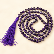 108 Amethyst Bead Necklace – Natural Gemstone Bead Necklace — studio view