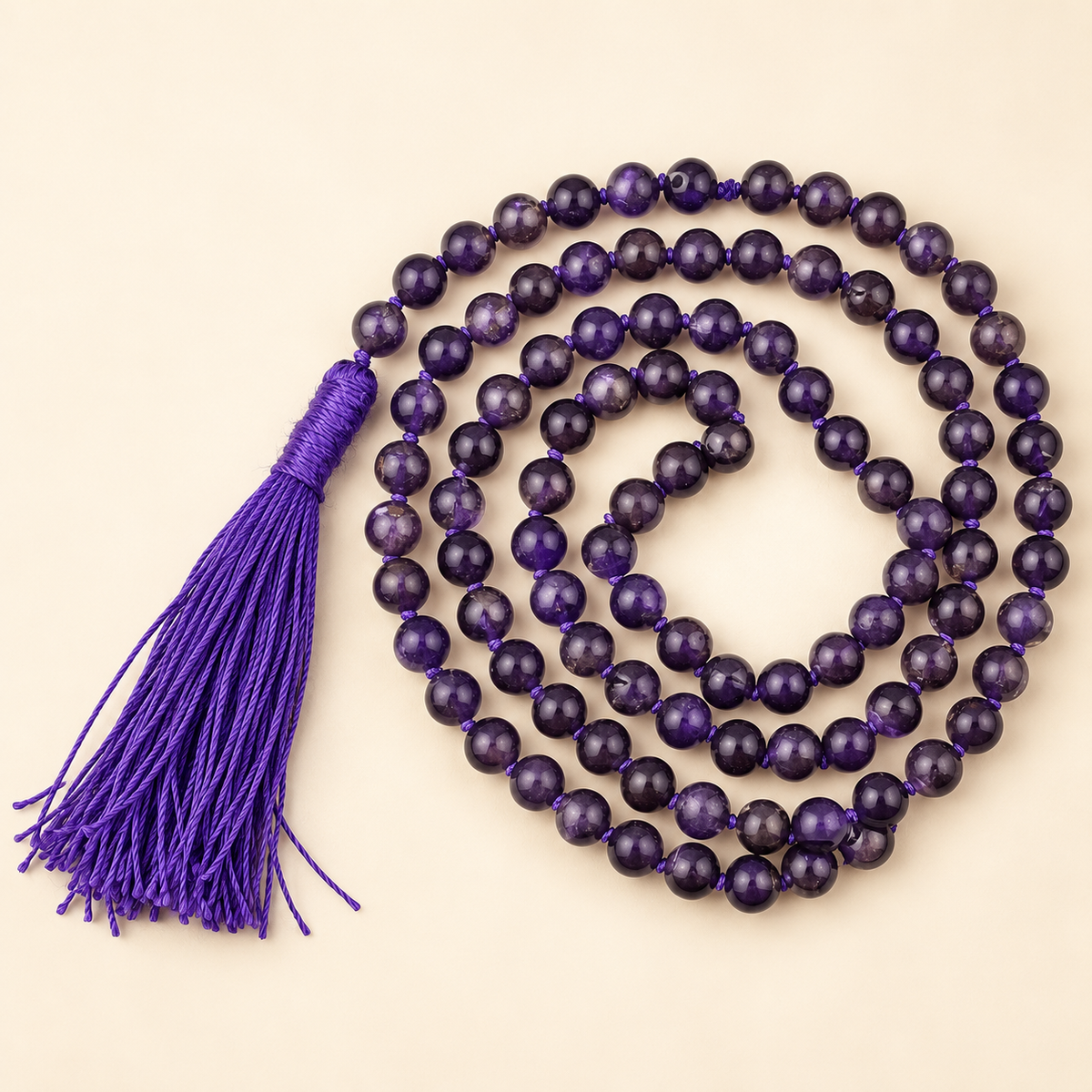 108 Amethyst Bead Necklace – Natural Gemstone Bead Necklace — studio view