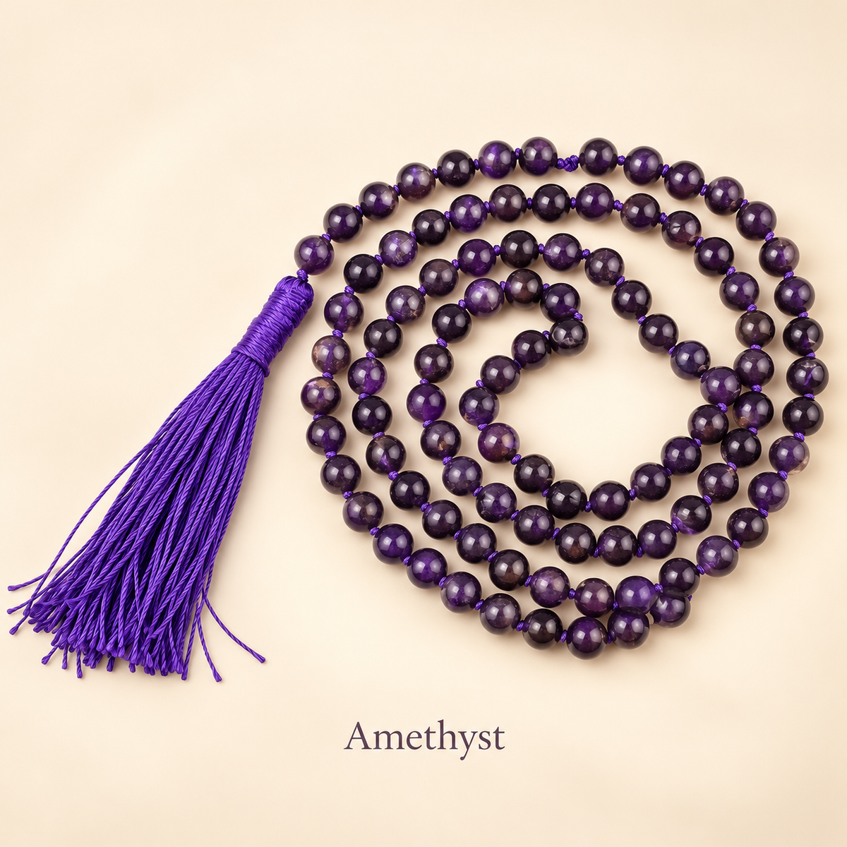 108 Amethyst Bead Necklace – Natural Gemstone Bead Necklace — studio view