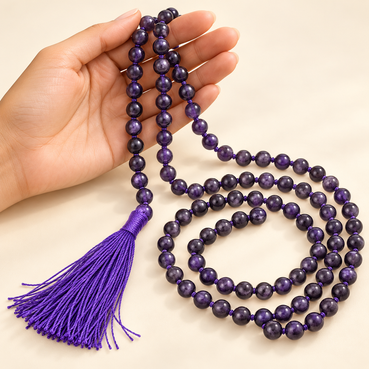 108 Amethyst Bead Necklace – Natural Gemstone Bead Necklace — illustrative styling view