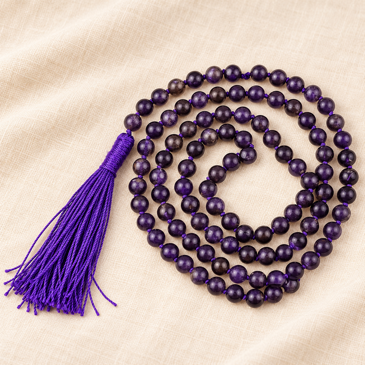 108 Amethyst Bead Necklace – Natural Gemstone Bead Necklace — illustrative styling view