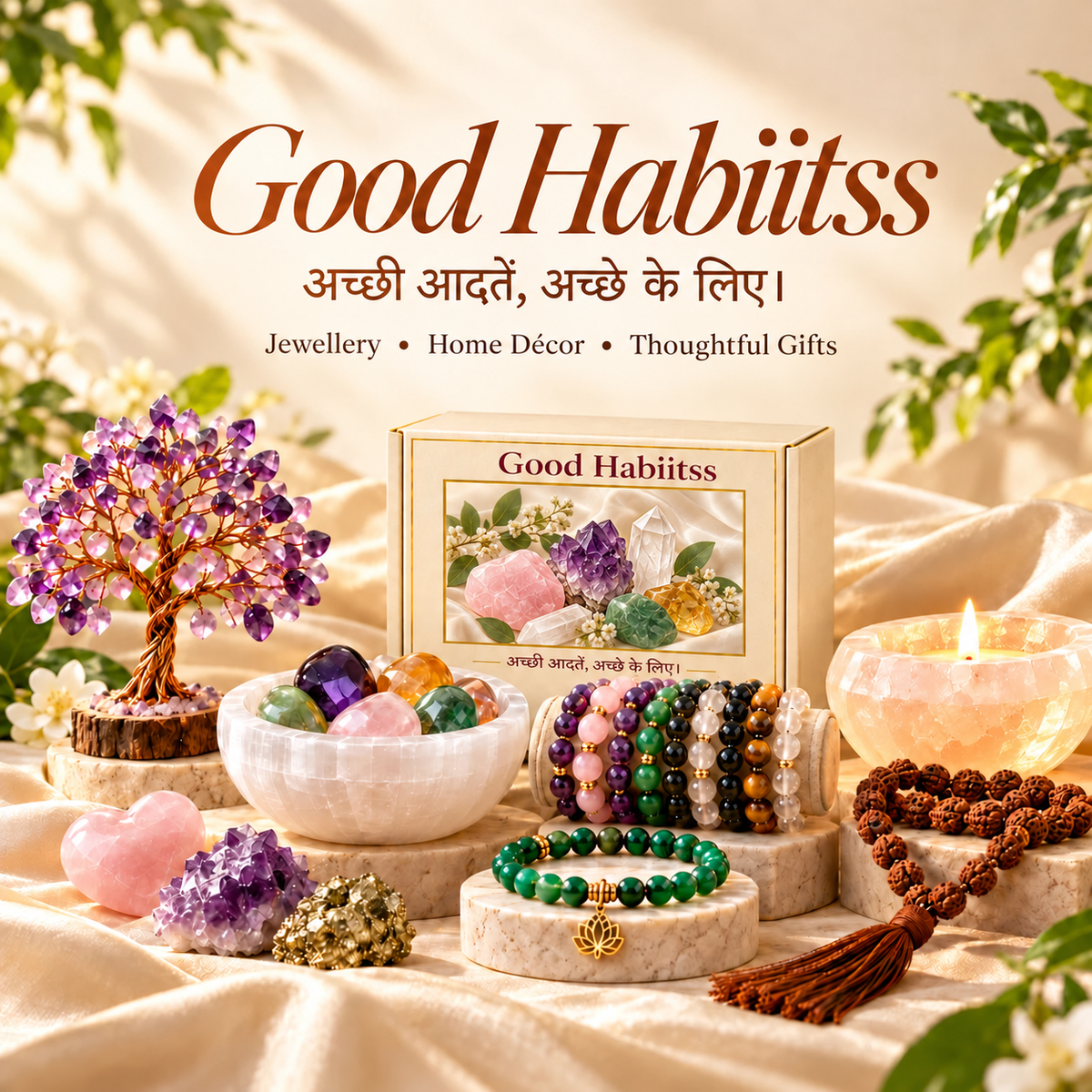Good Habiitss packaging with neutral crystal and botanical artwork