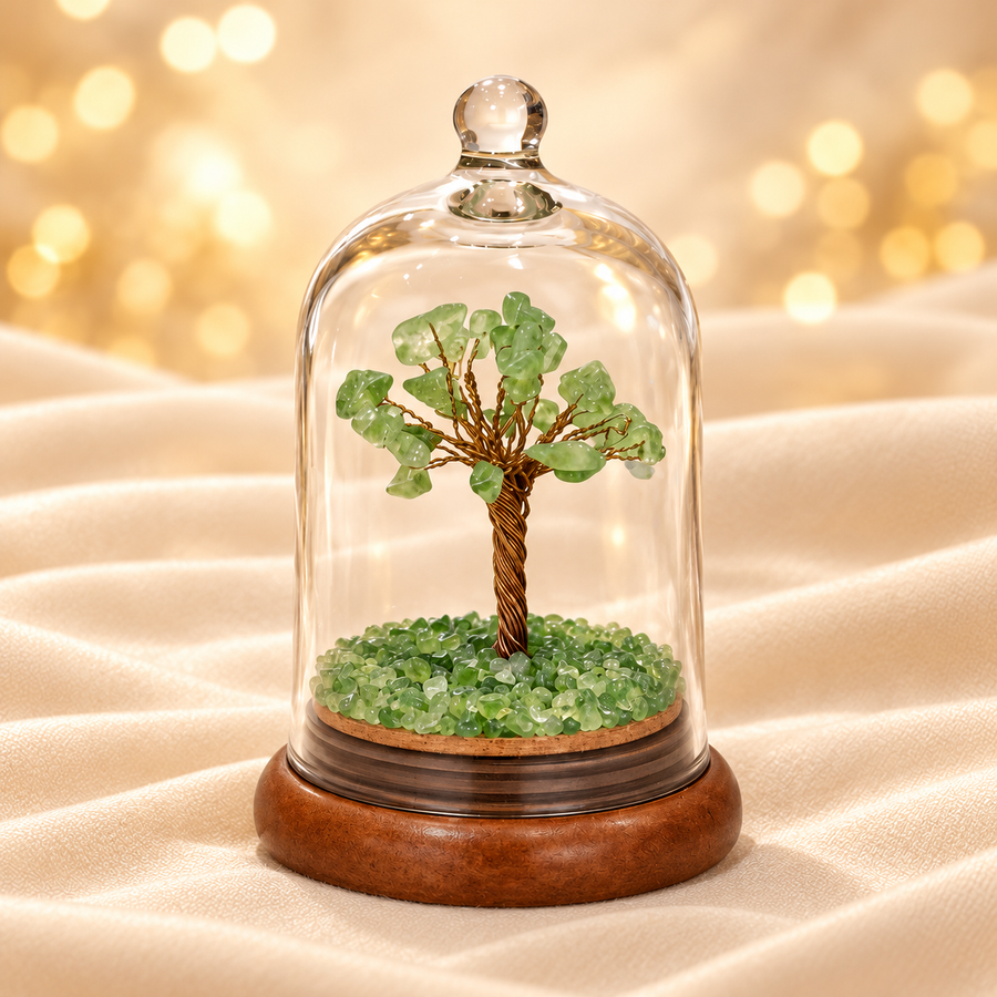 Green Aventurine Dome Tree – Decorative Crystal Tree in Glass Dome on champagne fabric