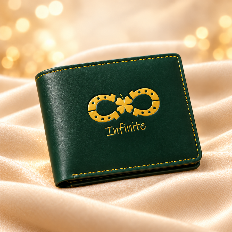 Green Aventurine Inspired Wallet for Men – Premium Lifestyle Accessory on champagne fabric