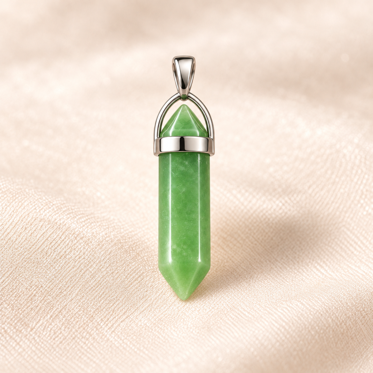 green aventurine pencil pendant on ivory with soft shadow