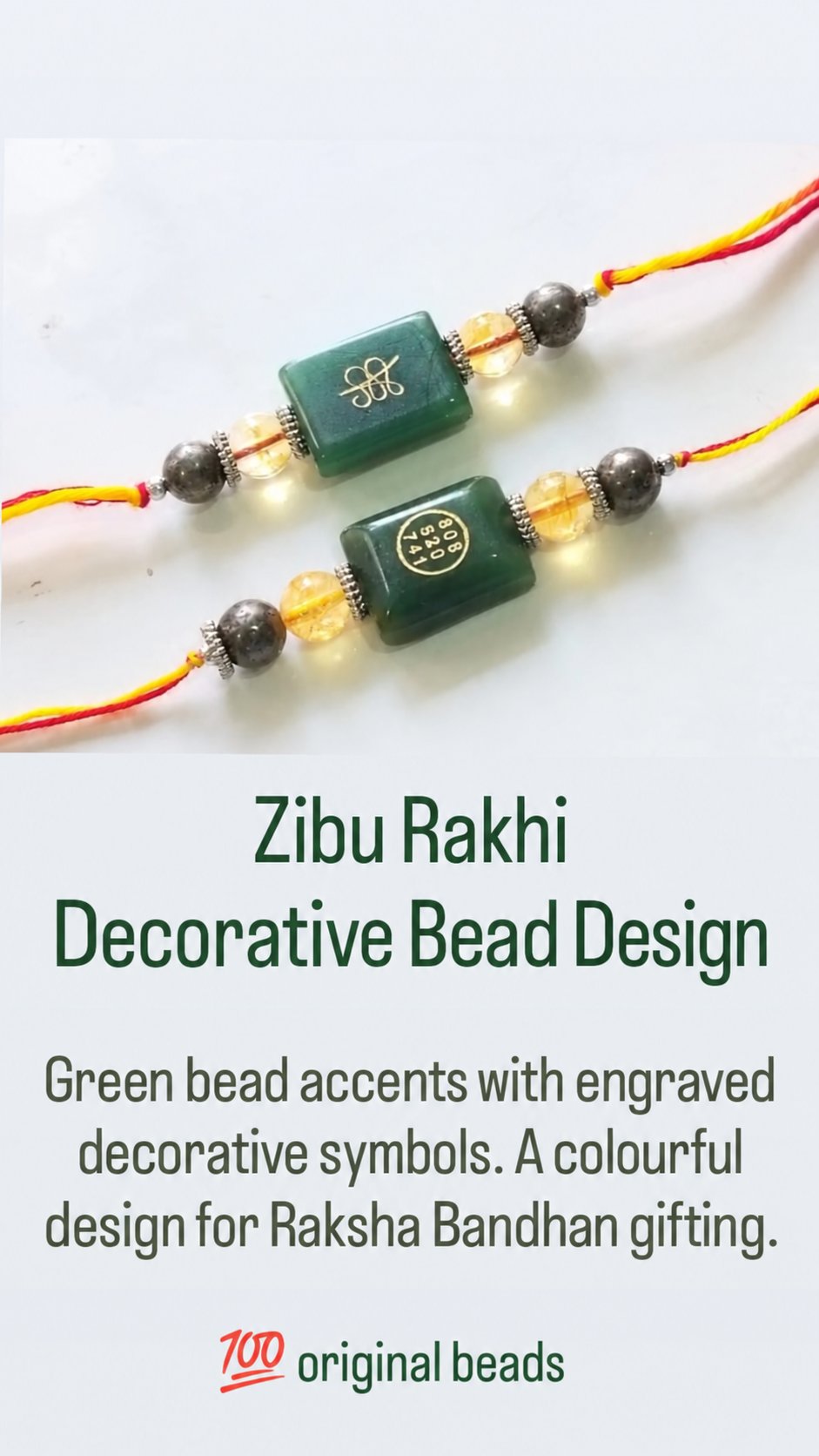 Green Jade & Zibu Symbol Rakhi – Crystal-Inspired Raksha Bandhan Gift — product details
