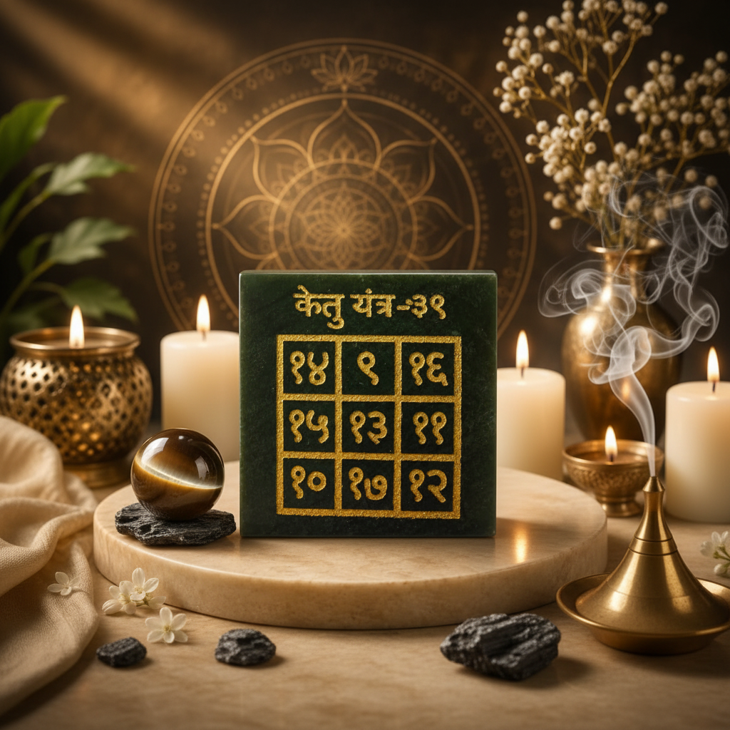 Ketu Yantra on meditation altar with cat's eye crystal