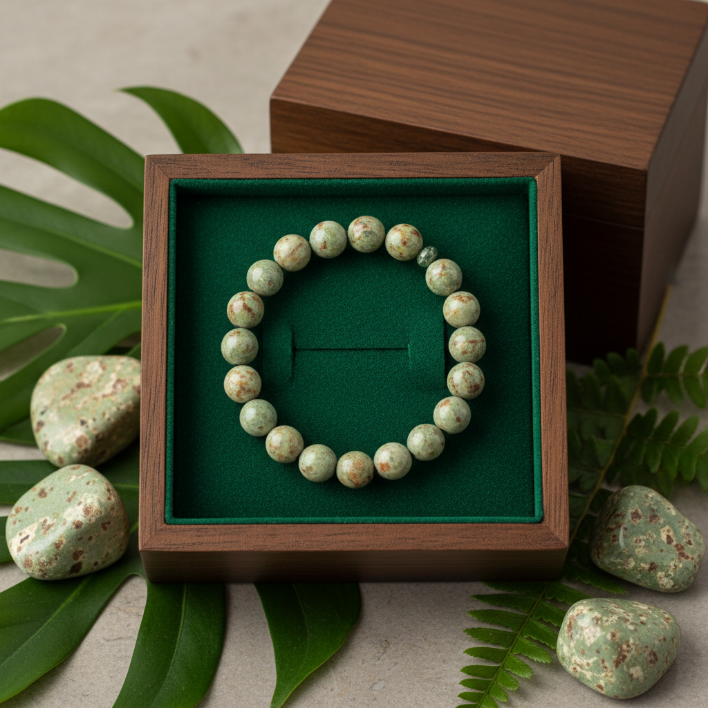 Natural Kiwi Jasper Bracelet in premium gift box with green velvet