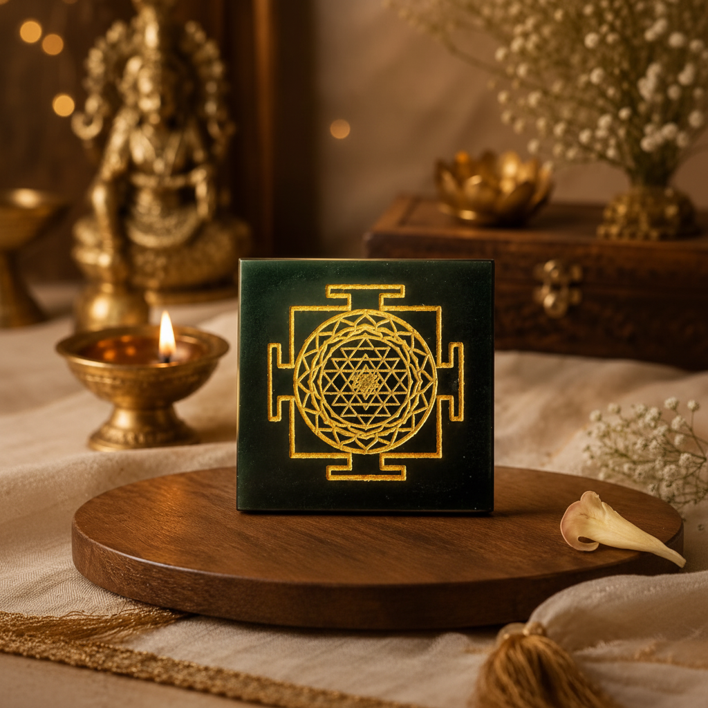 Shree Yantra on wooden tray with Lakshmi idol and brass diya