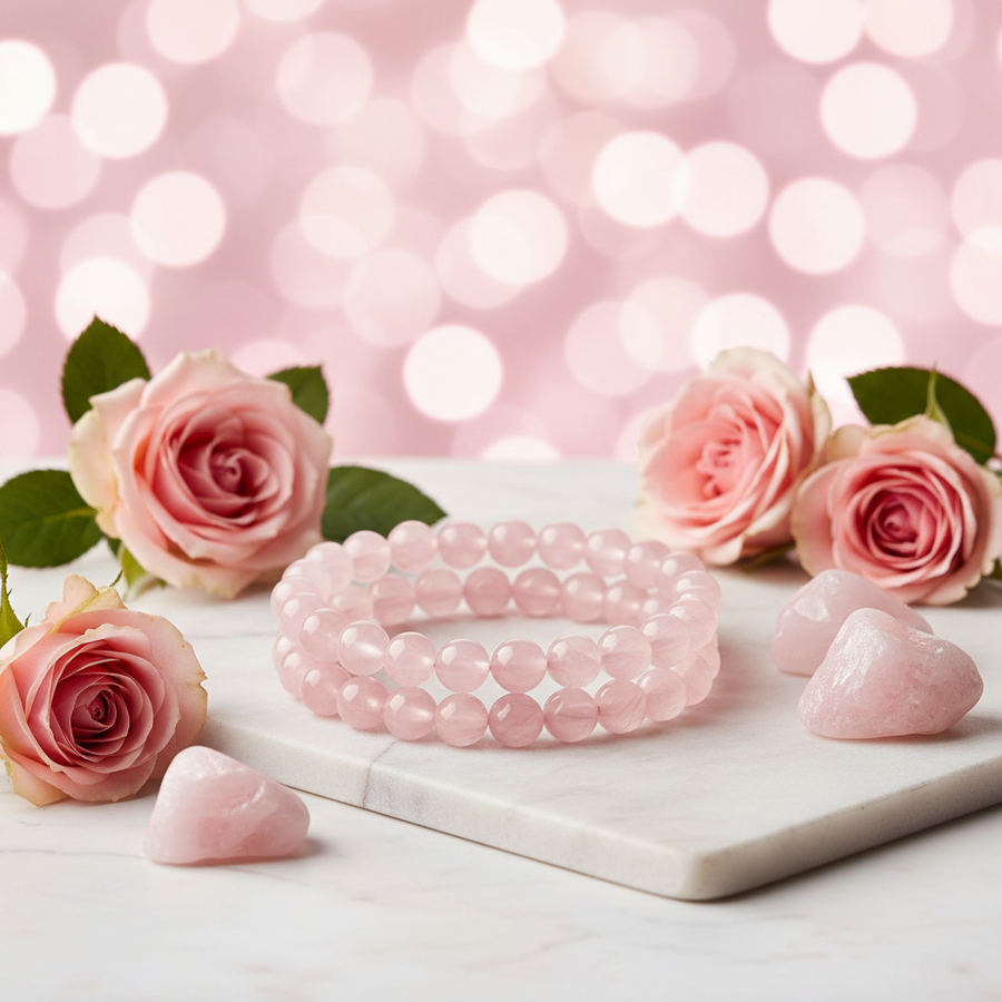 Natural Rose Quartz Bracelet on white marble with pink roses