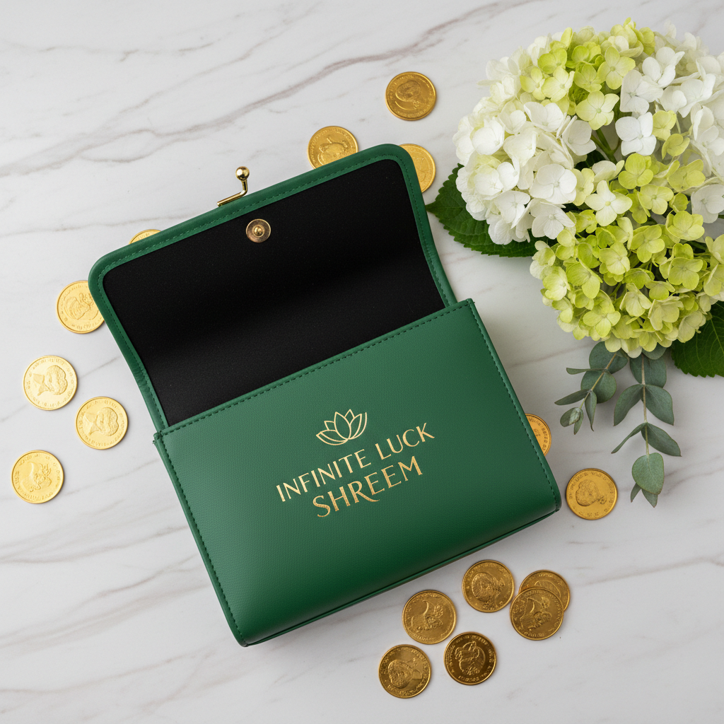 Infinite Luck Ladies Purse open showing spacious black interior with gold coins