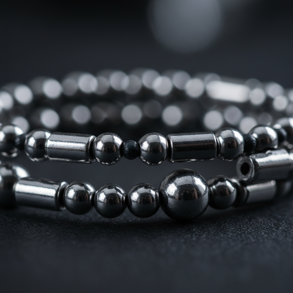Double Layer Natural Hematite Bracelet close-up showing two strands of metallic silver-grey beads