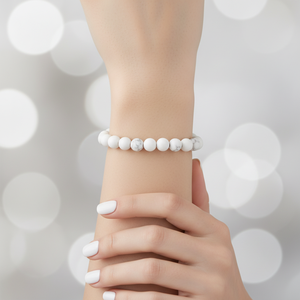Natural White Howlite Bracelet worn on wrist