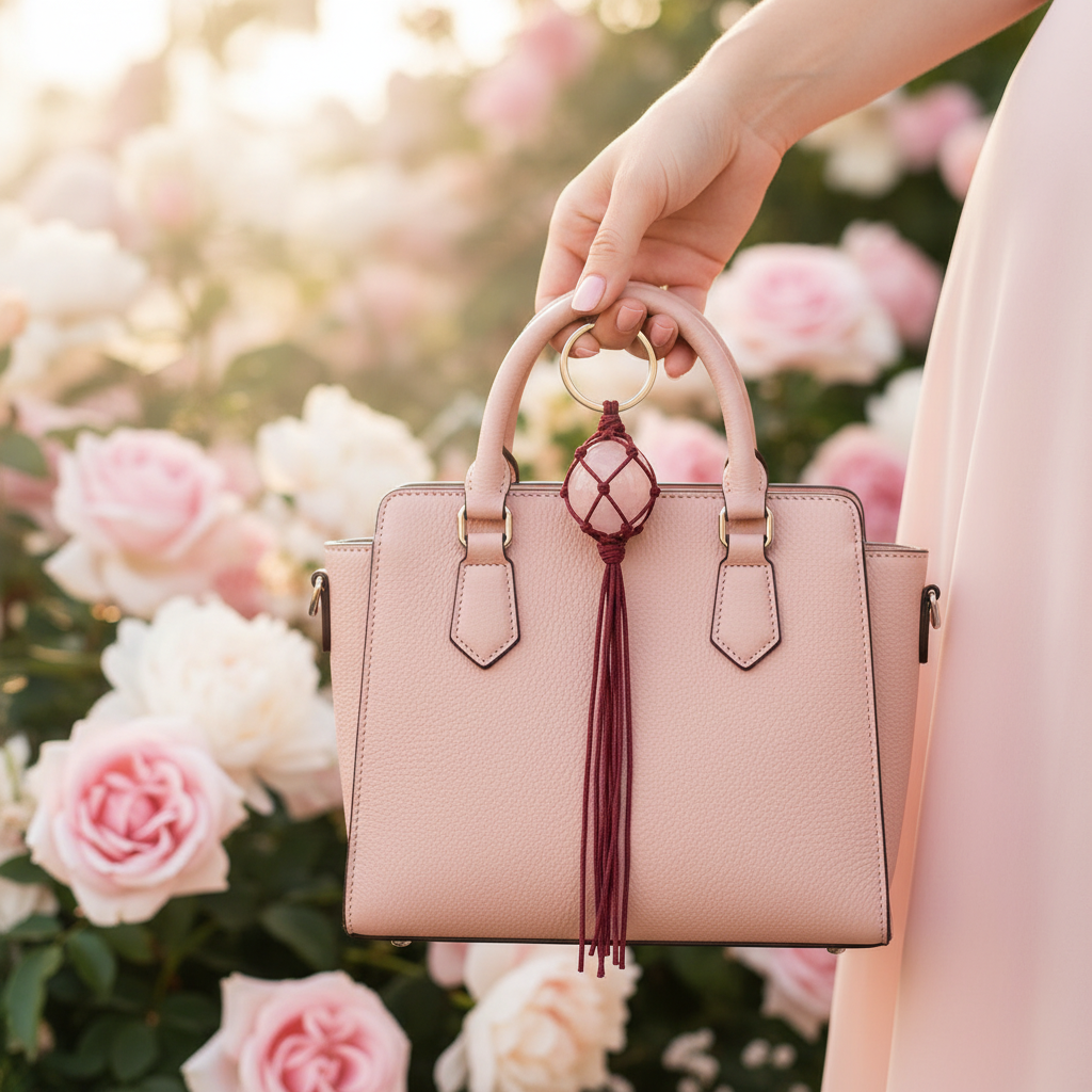 Rose Quartz Keychain as bag charm