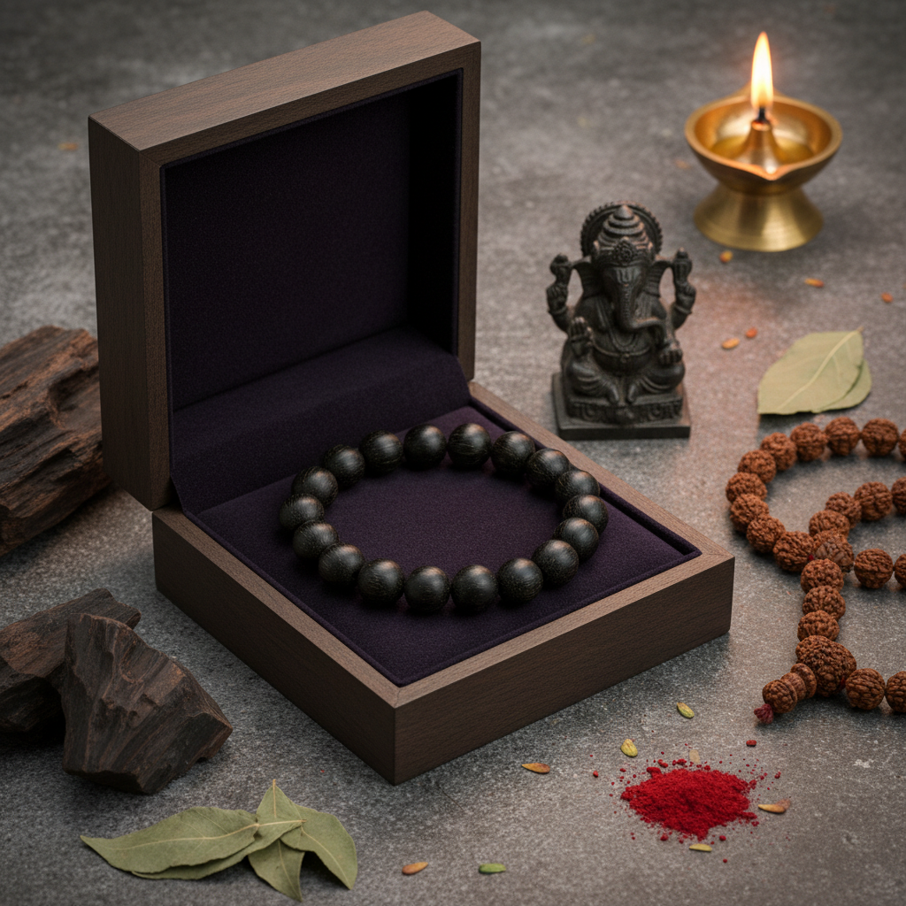 Natural Karungali Ebony Wood Bracelet in premium gift box with dark velvet