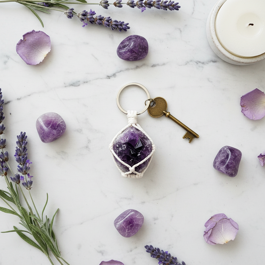 Amethyst Keychain flat lay with keys and lavender
