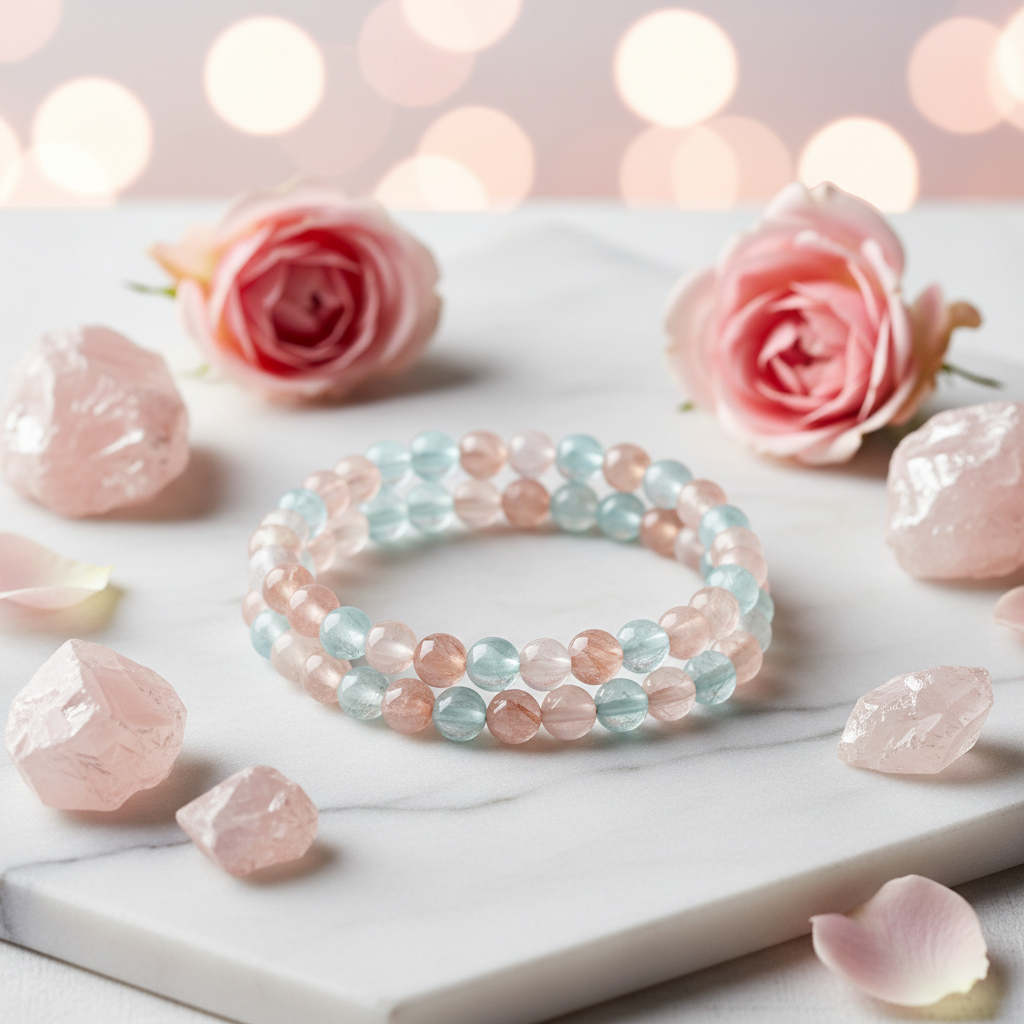 Morganite Beryl Aqua Bracelet on white marble with morganite crystals and pink roses