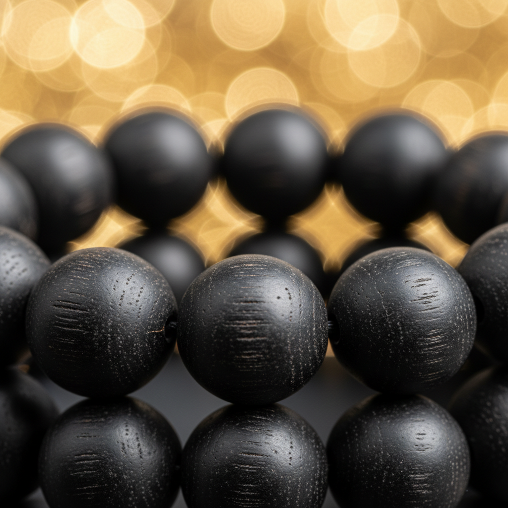 Natural Karungali Ebony Wood Bracelet bead close-up showing wood grain texture