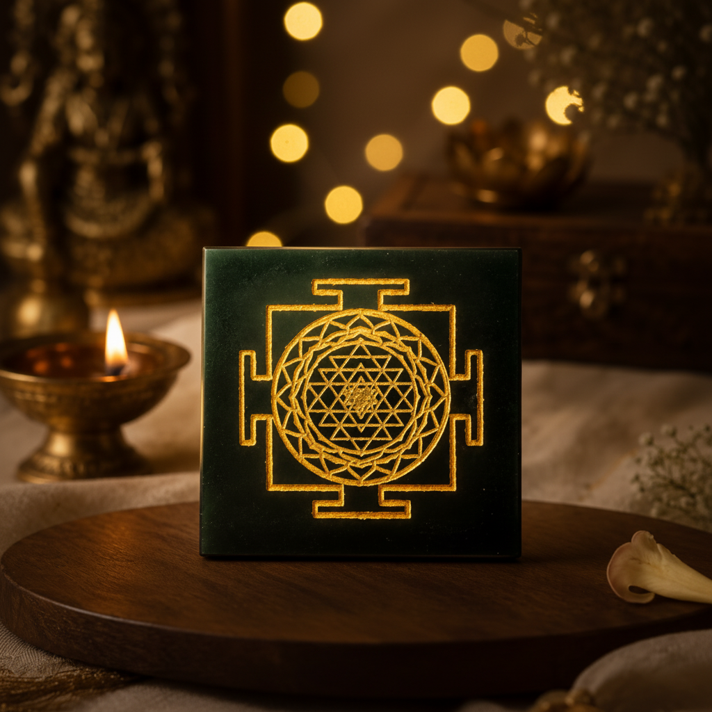 Shree Yantra close-up showing golden sacred geometry
