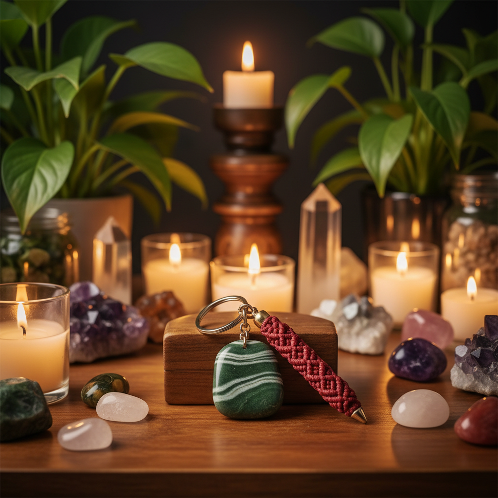 Green Z Crystal Keychain on meditation altar
