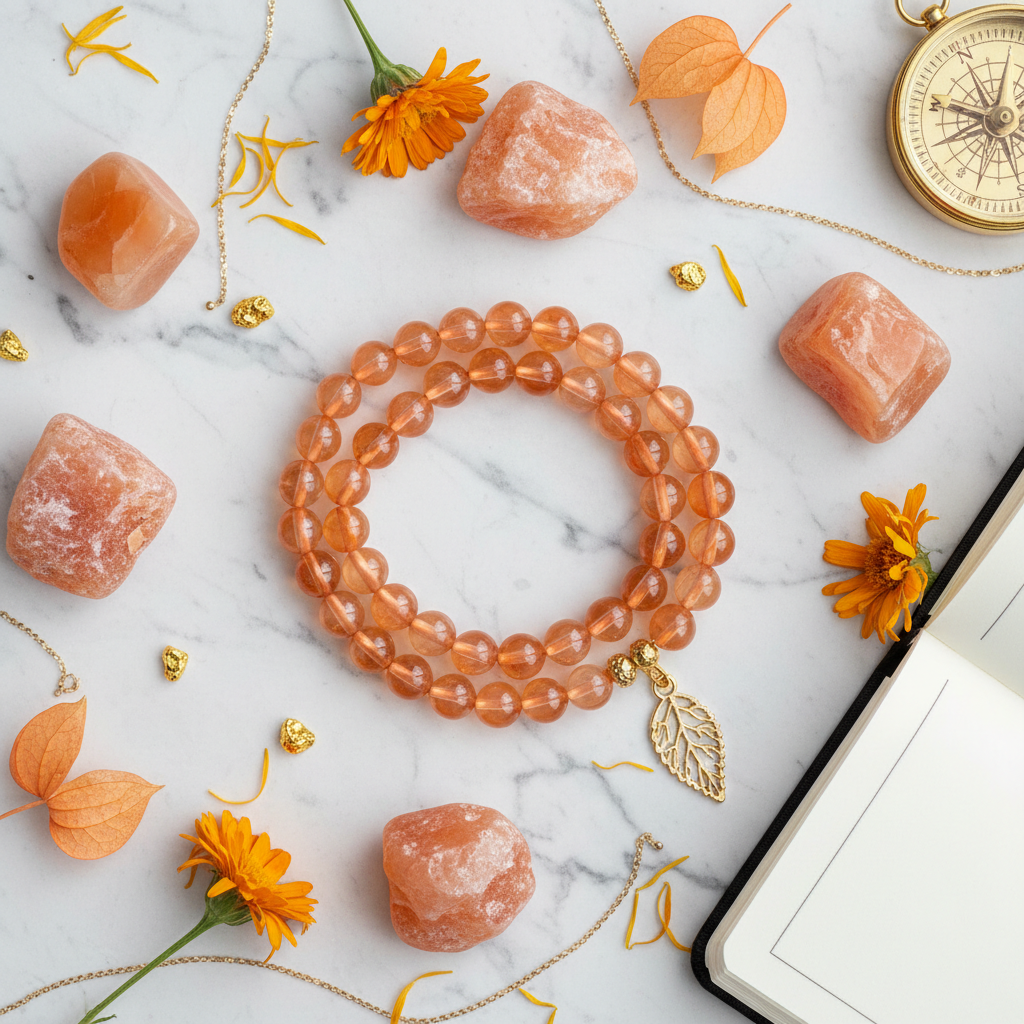 Natural Orange Aventurine Bracelet flat lay with orange stones and gold accents