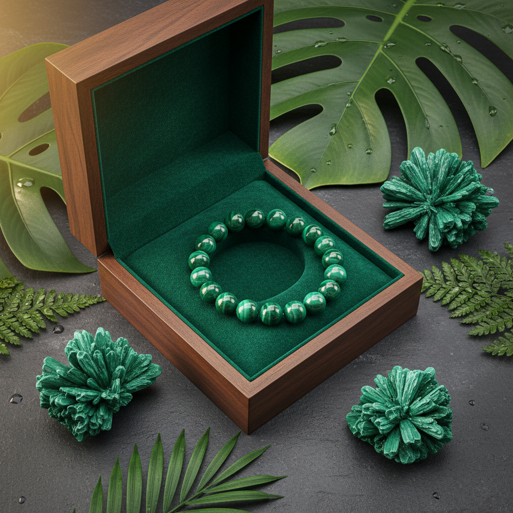Natural Malachite Bracelet in premium gift box with green velvet