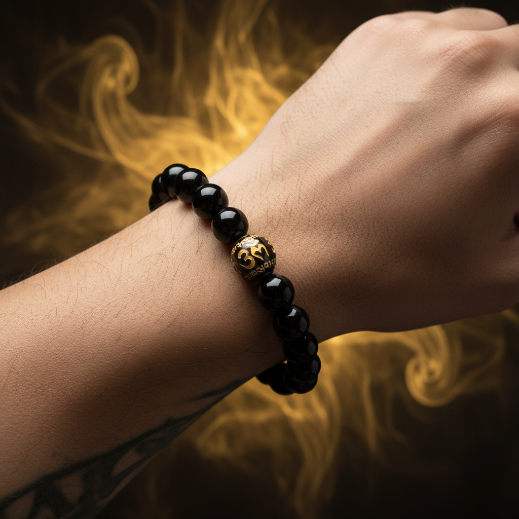 Natural OM Mani Black Onyx Bracelet worn on wrist