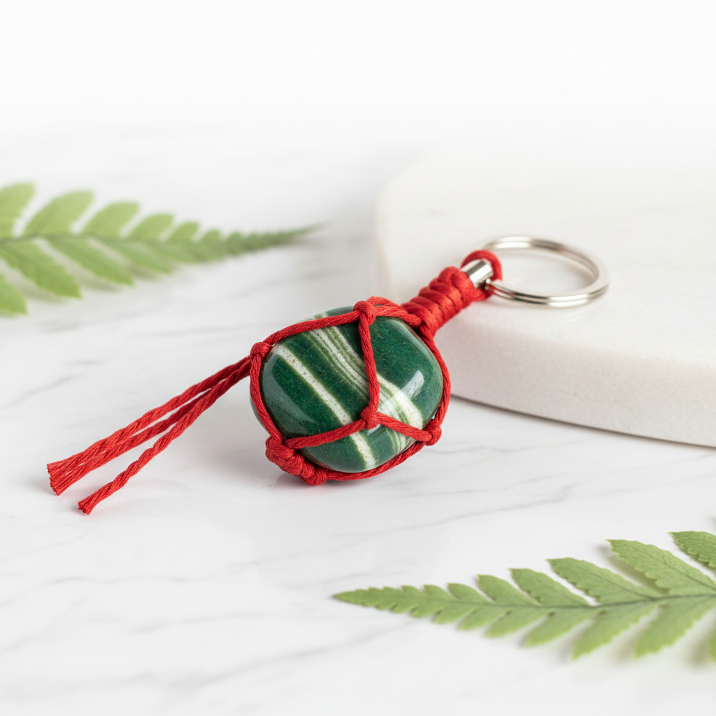 Green Z Crystal Keychain on white marble surface