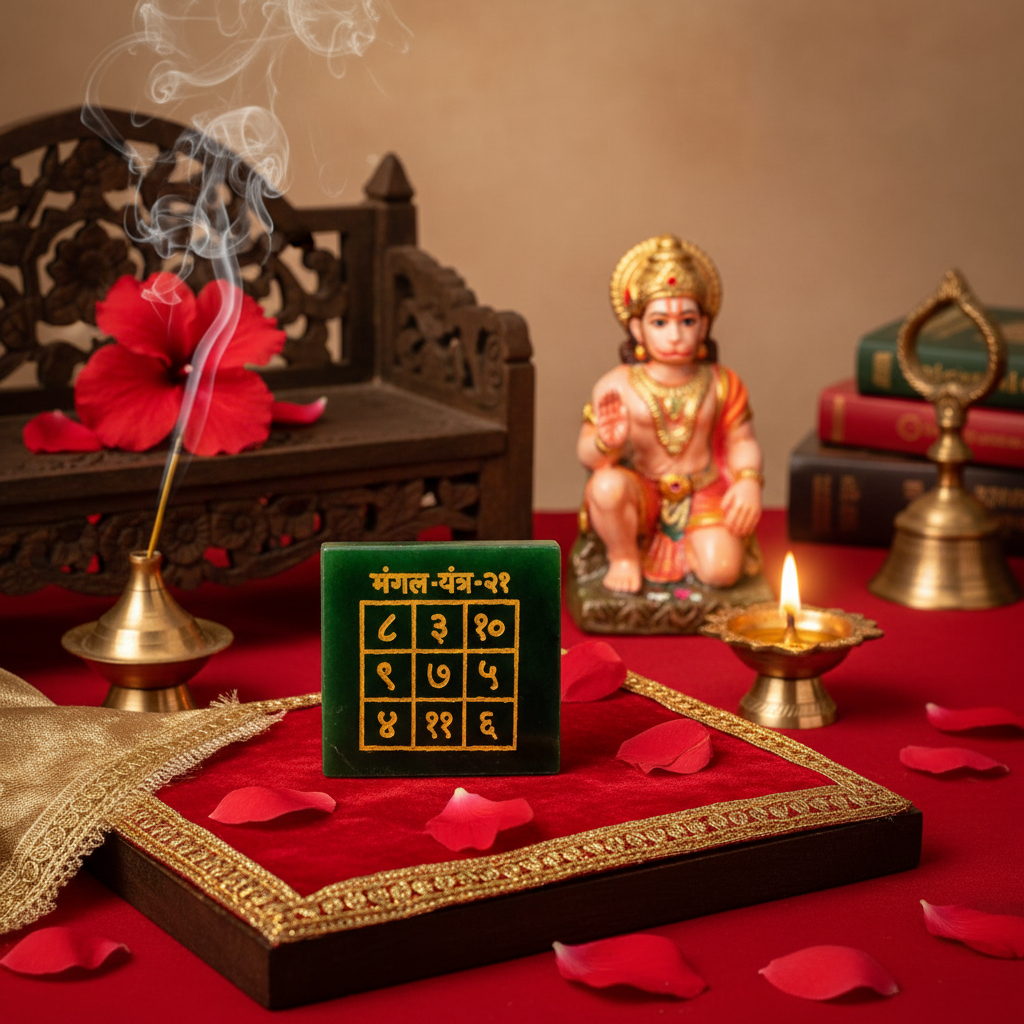 Mangal Yantra on pooja altar with red flowers