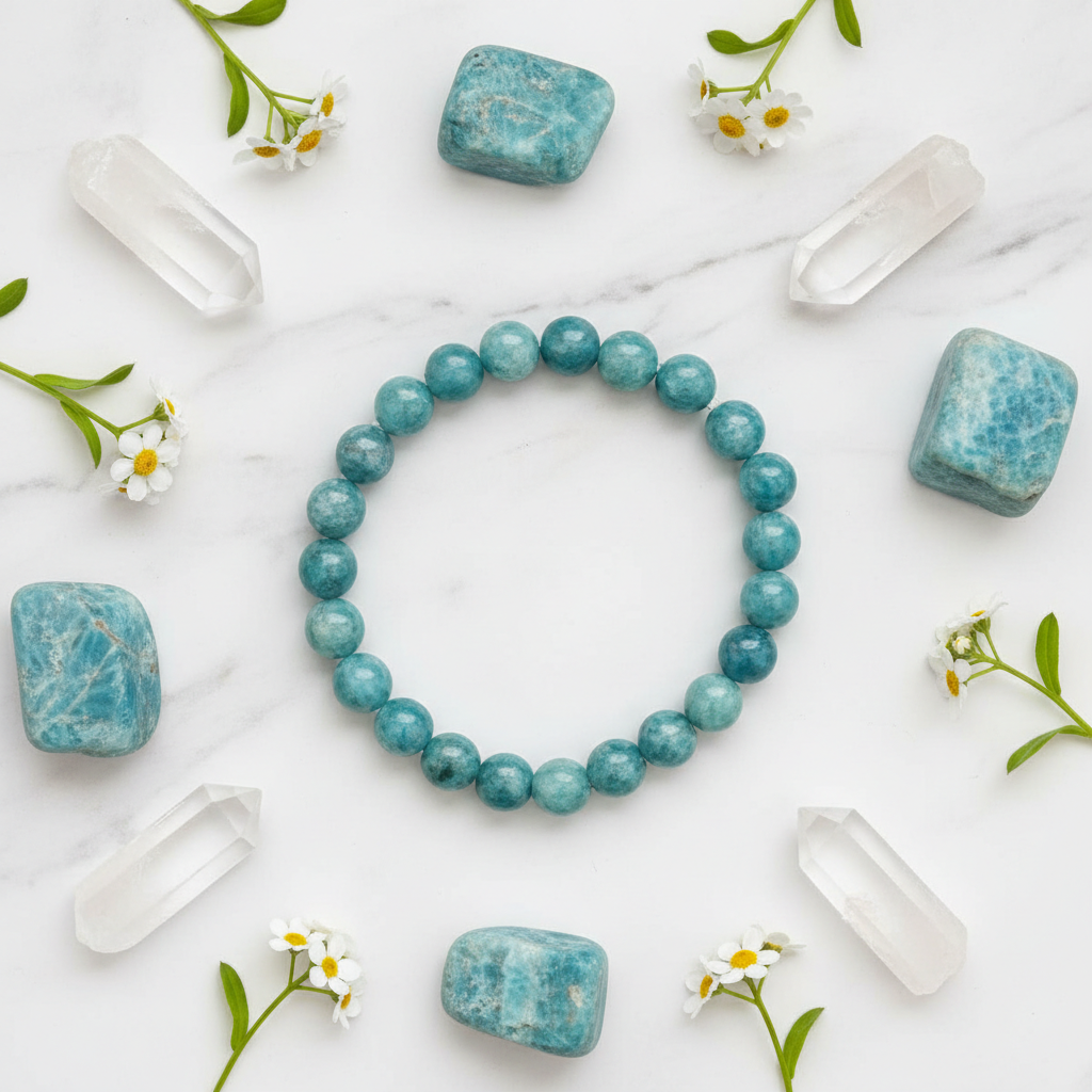 Natural Apatite Bracelet flat lay with teal apatite stones and crystal points