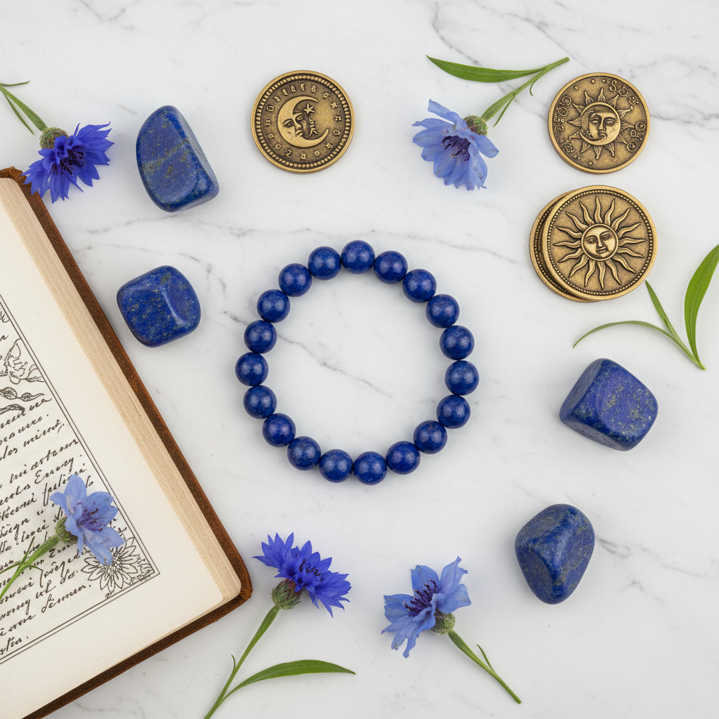 Natural Lapis Lazuli Bracelet flat lay with lapis stones and open book
