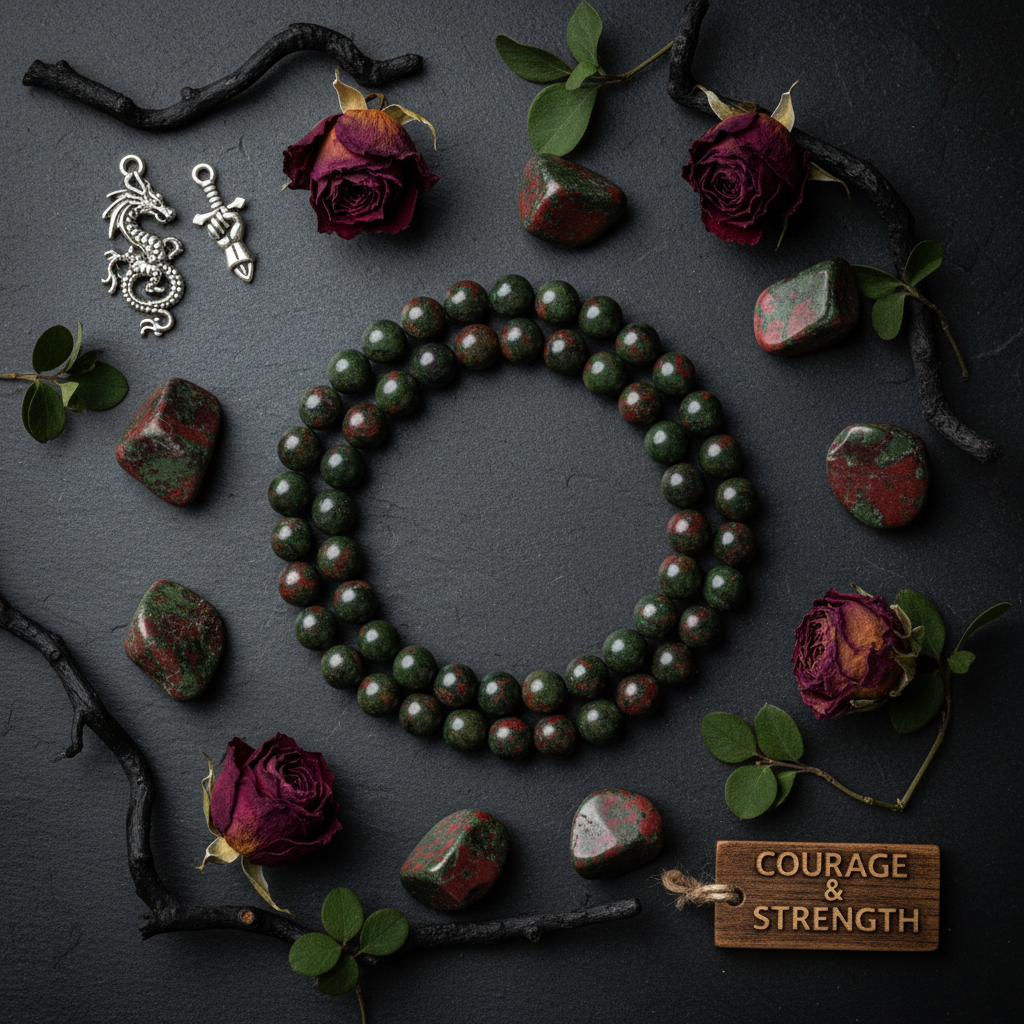 Natural Dragon Bloodstone Bracelet flat lay with bloodstone stones and red flowers