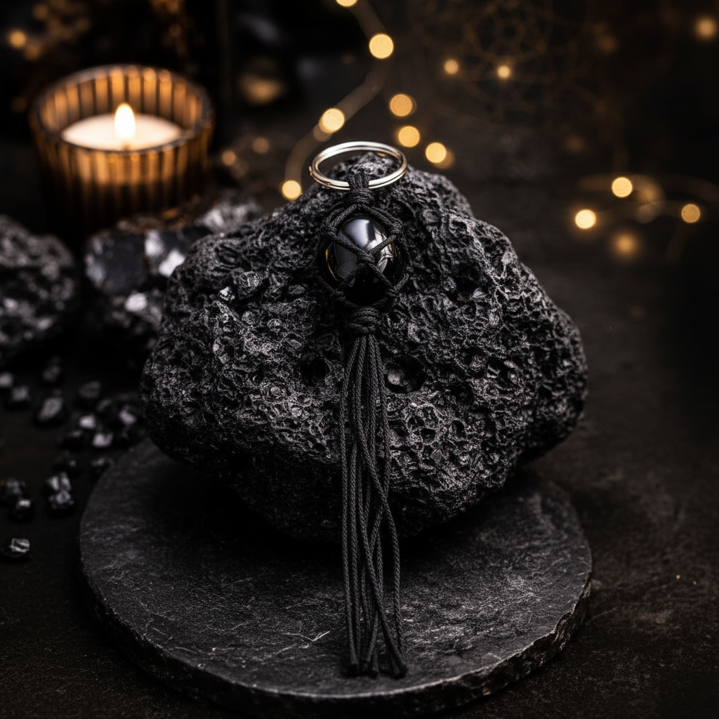Black Obsidian Keychain on volcanic rock surface