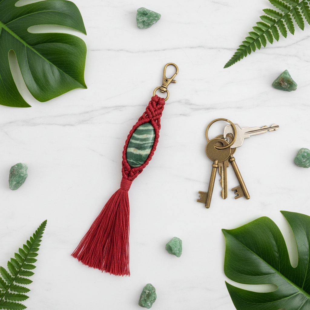 Green Z Crystal Keychain flat lay with keys