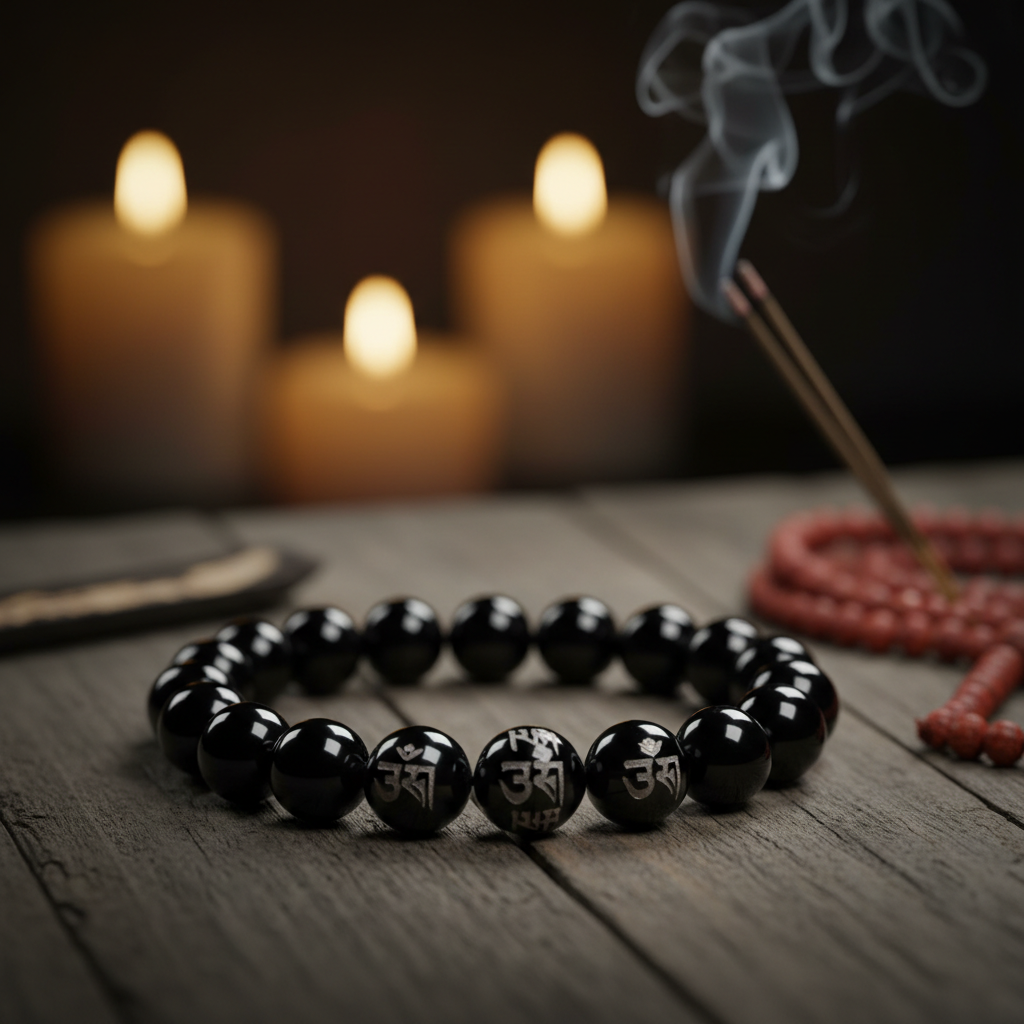 Natural OM Mani Padme Hum Black Onyx Bracelet on dark wood with incense and prayer beads
