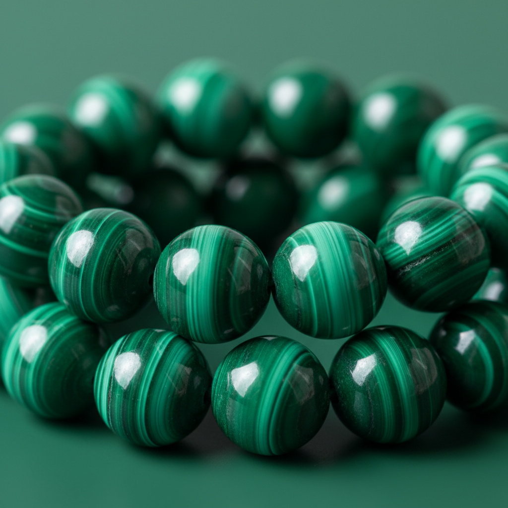 Natural Malachite Bracelet bead close-up showing green swirling patterns