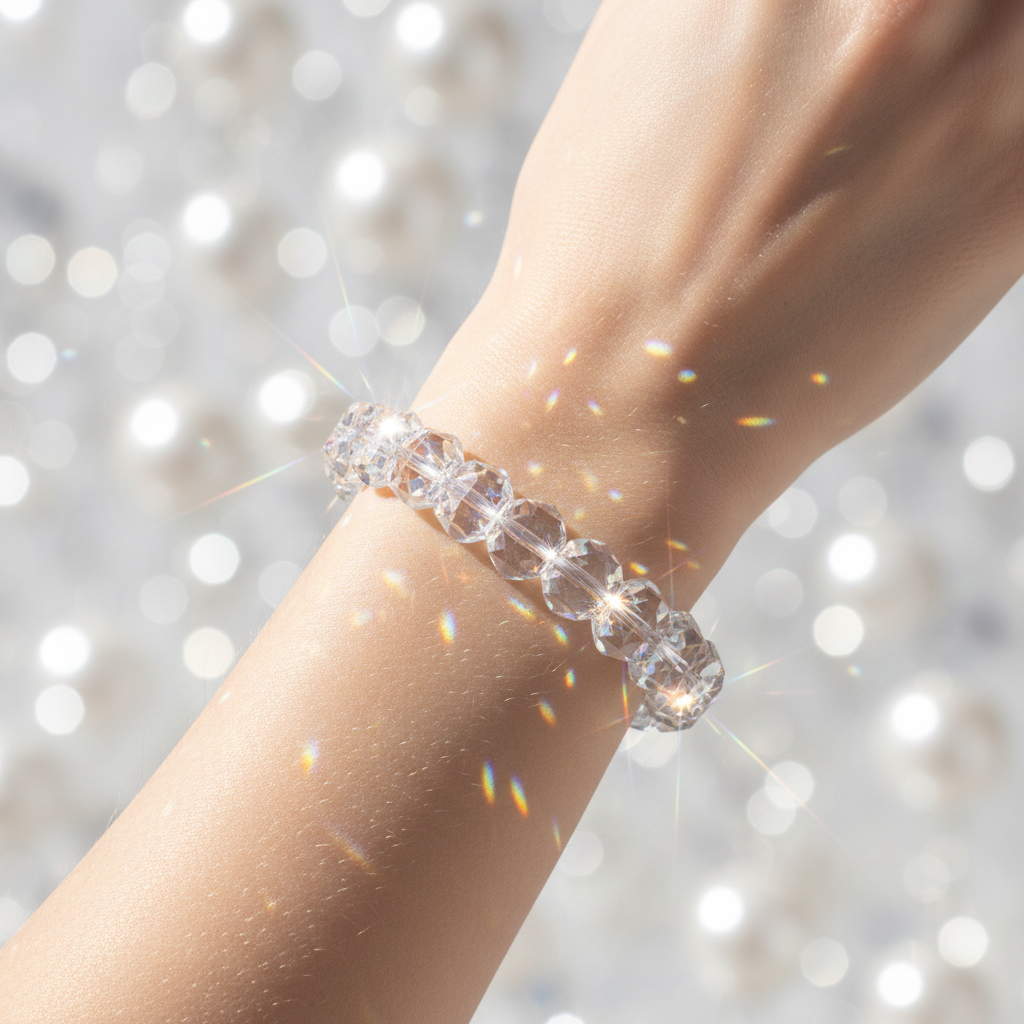 Faceted Clear Quartz Bracelet worn on wrist catching sunlight