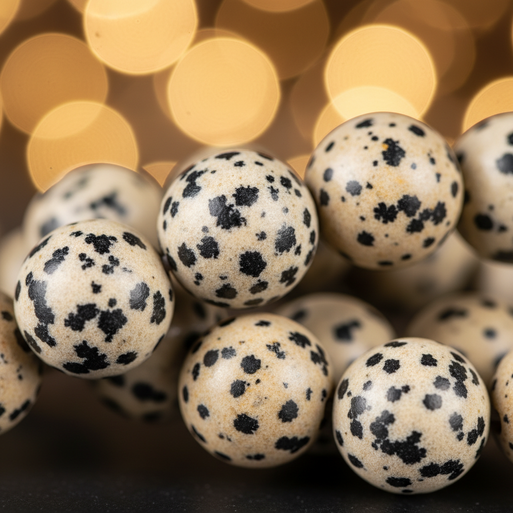 Natural Dalmatian Jasper Bracelet bead close-up showing cream white with black tourmaline spot pattern