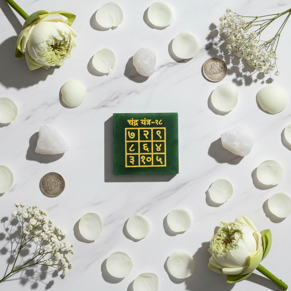 Chandra Yantra flat lay with moonstone crystals and white roses