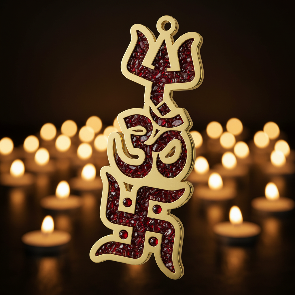 Close-up of Om symbol filled with deep red garnet crystal chips in gold frame
